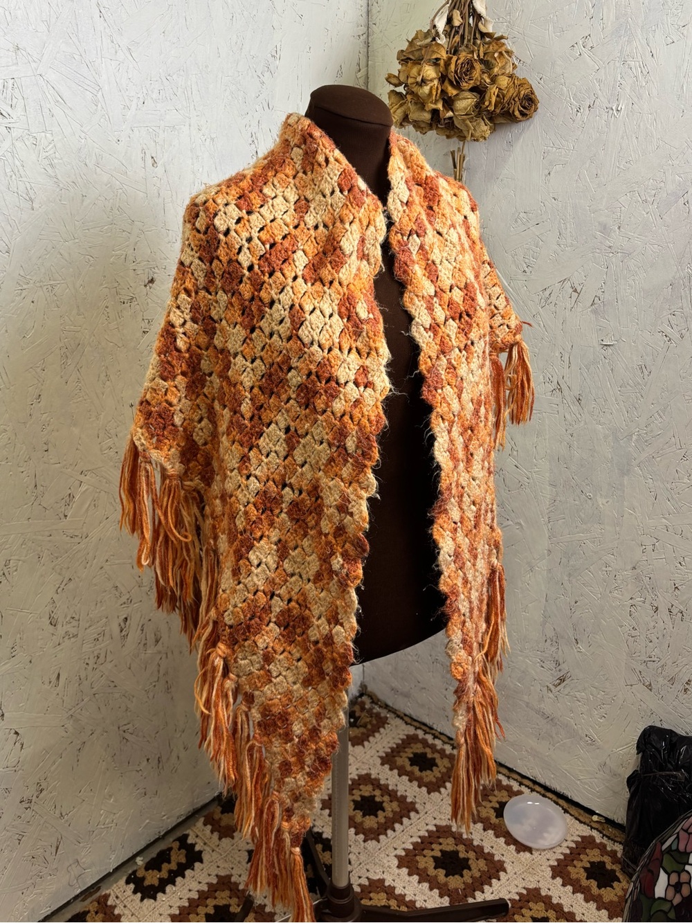Handmade Crochet Fringe Orange Colorblock Fall Cozy Shawl